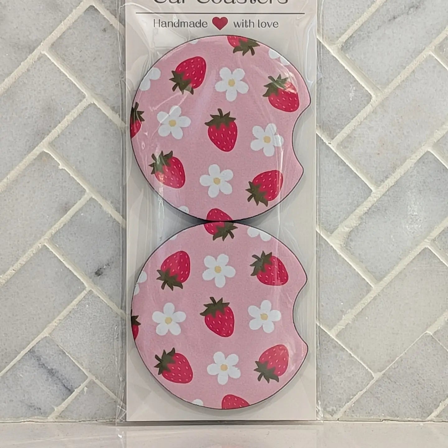 Pink Strawberry Daisies Car Coasters