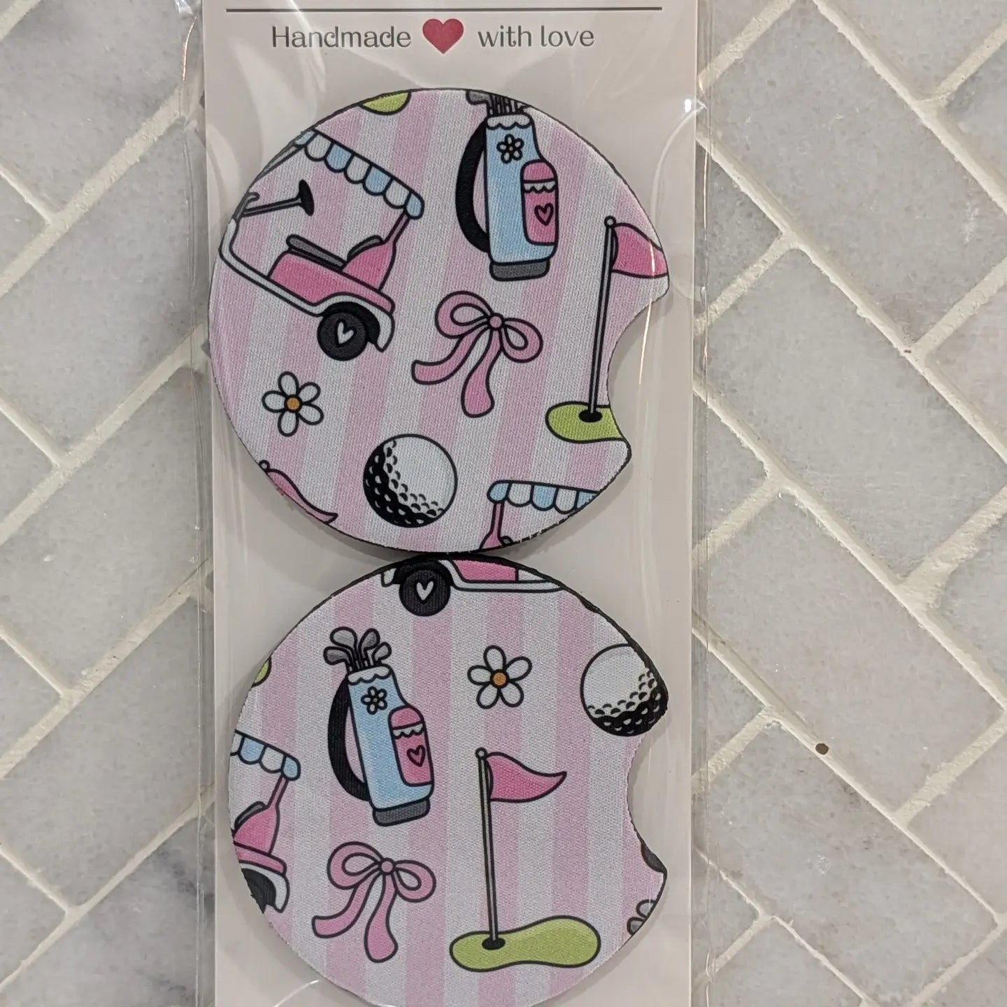 Pink Golf Cart Stripe Car Coasters