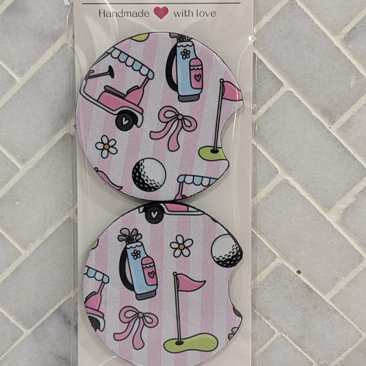 Pink Golf Cart Stripe Car Coasters