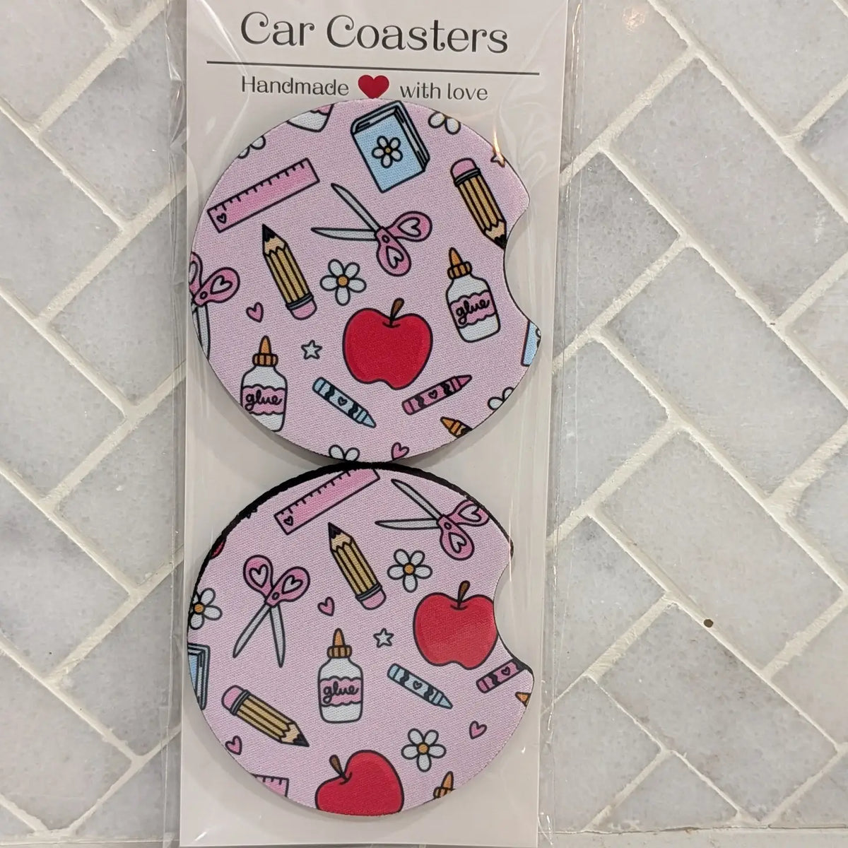 Pink Teacher Supplies Car Coasters
