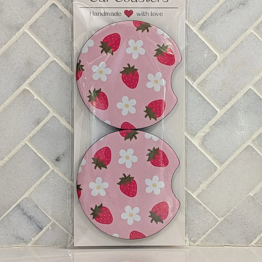 Pink Strawberry Daisies Car Coasters